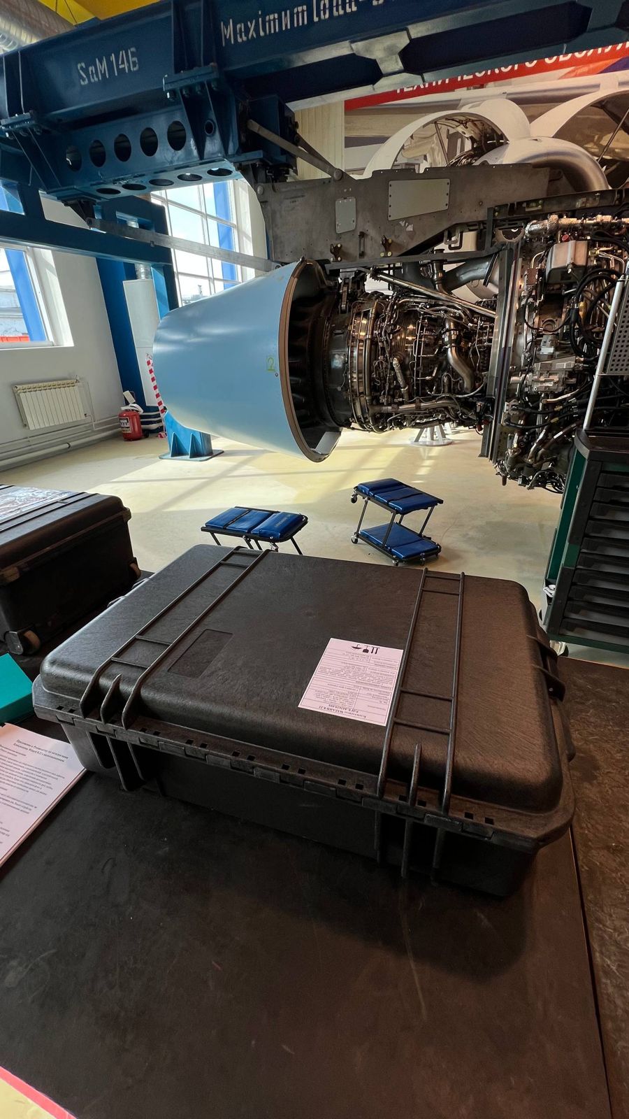 Wizard blendoscope carrying case on-site next to SAM-146 aircraft engine